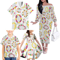 Hawaiian Kakau Tattoo Leis and Palaka Pattern Family Matching Off The Shoulder Long Sleeve Dress and Hawaiian Shirt Traditional Aloha Tribal White Color