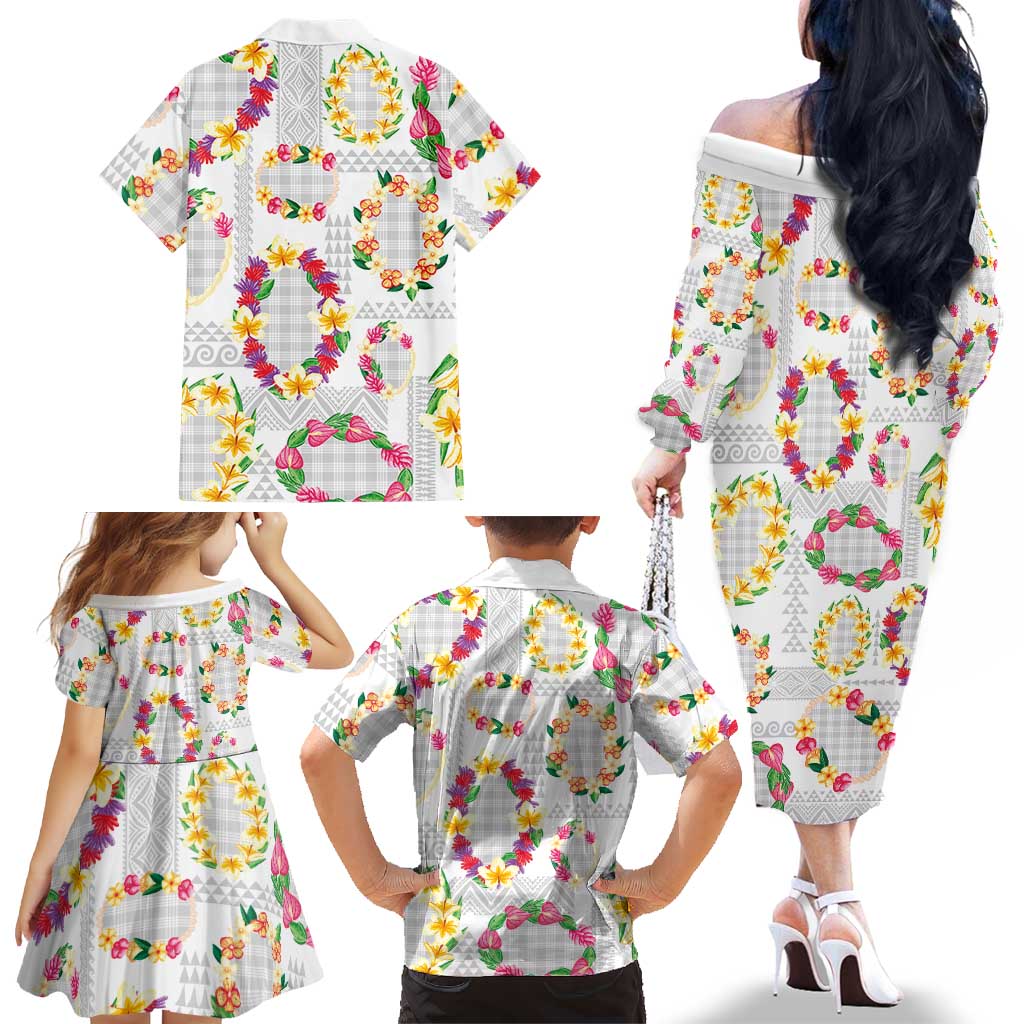 Hawaiian Kakau Tattoo Leis and Palaka Pattern Family Matching Off The Shoulder Long Sleeve Dress and Hawaiian Shirt Traditional Aloha Tribal White Color