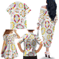 Hawaiian Kakau Tattoo Leis and Palaka Pattern Family Matching Off The Shoulder Long Sleeve Dress and Hawaiian Shirt Traditional Aloha Tribal White Color