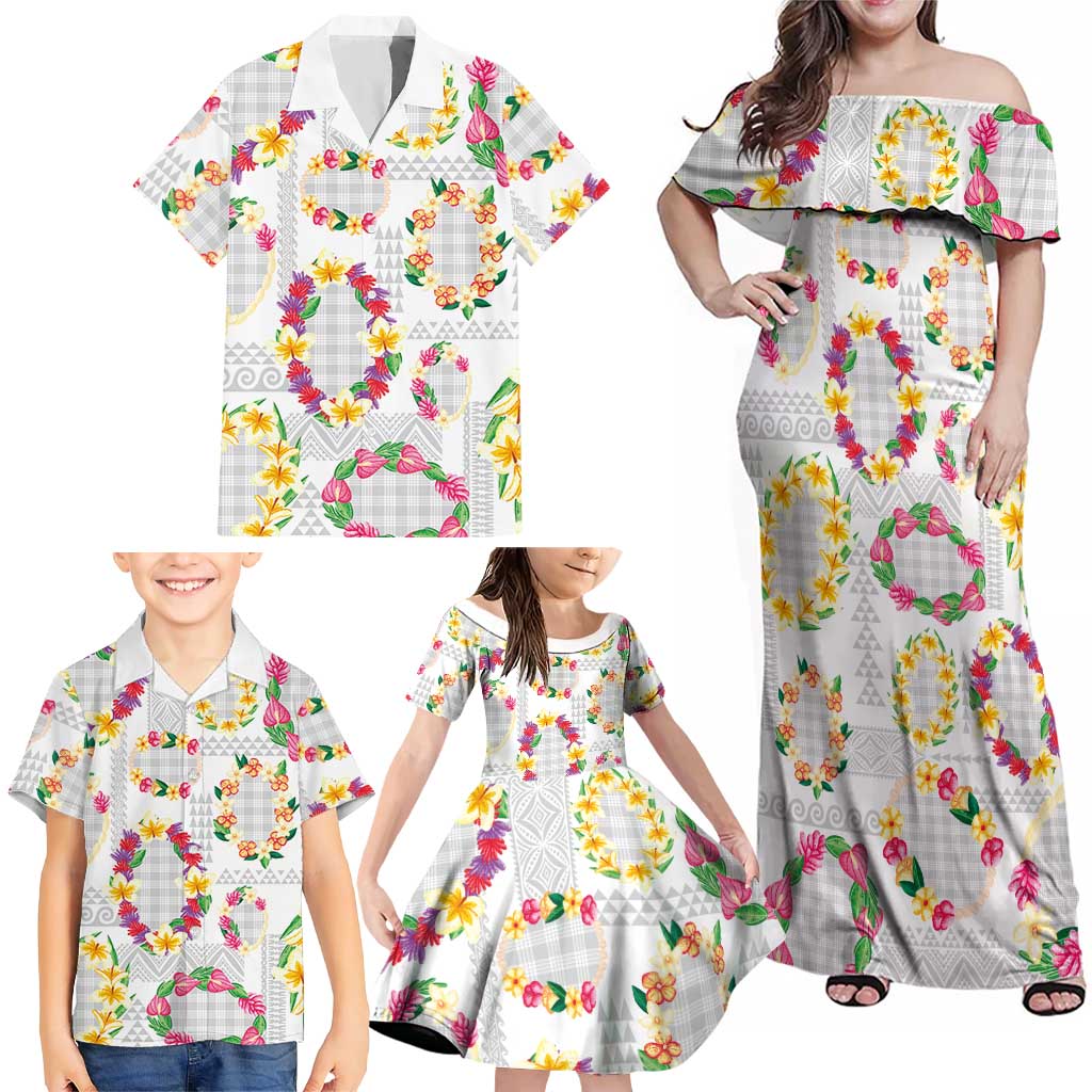 Hawaiian Kakau Tattoo Leis and Palaka Pattern Family Matching Off Shoulder Maxi Dress and Hawaiian Shirt Traditional Aloha Tribal White Color