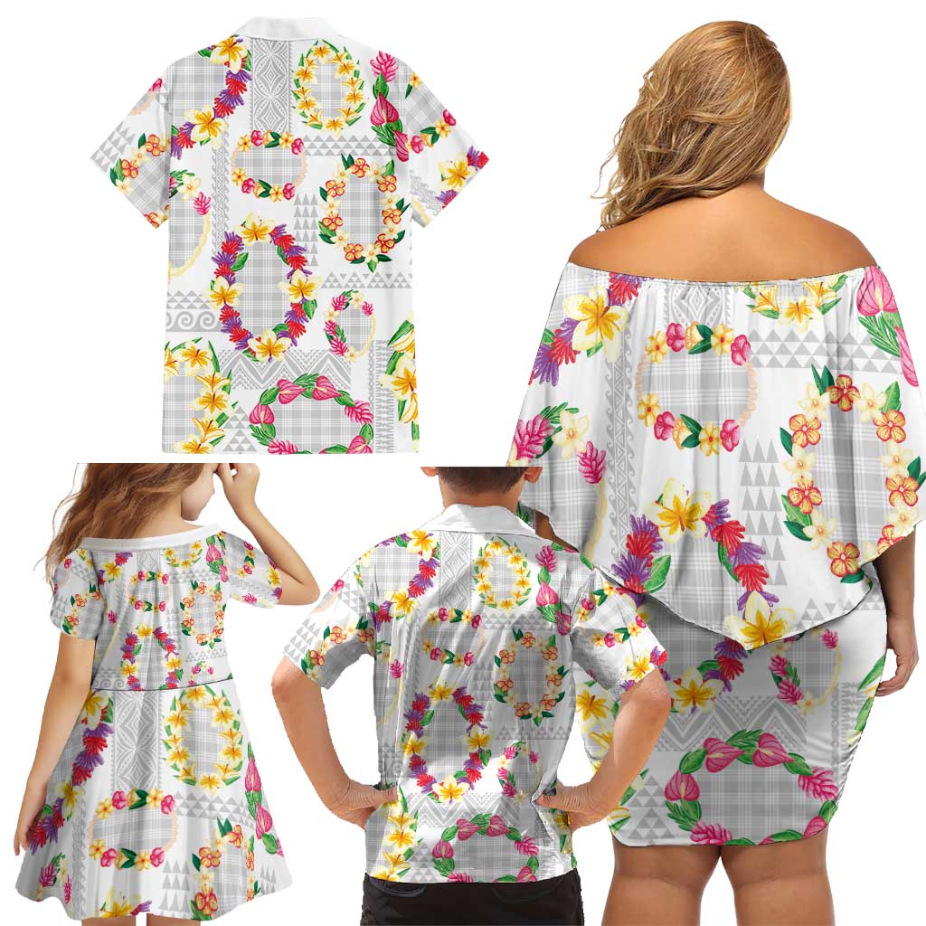 Hawaiian Kakau Tattoo Leis and Palaka Pattern Family Matching Off Shoulder Short Dress and Hawaiian Shirt Traditional Aloha Tribal White Color