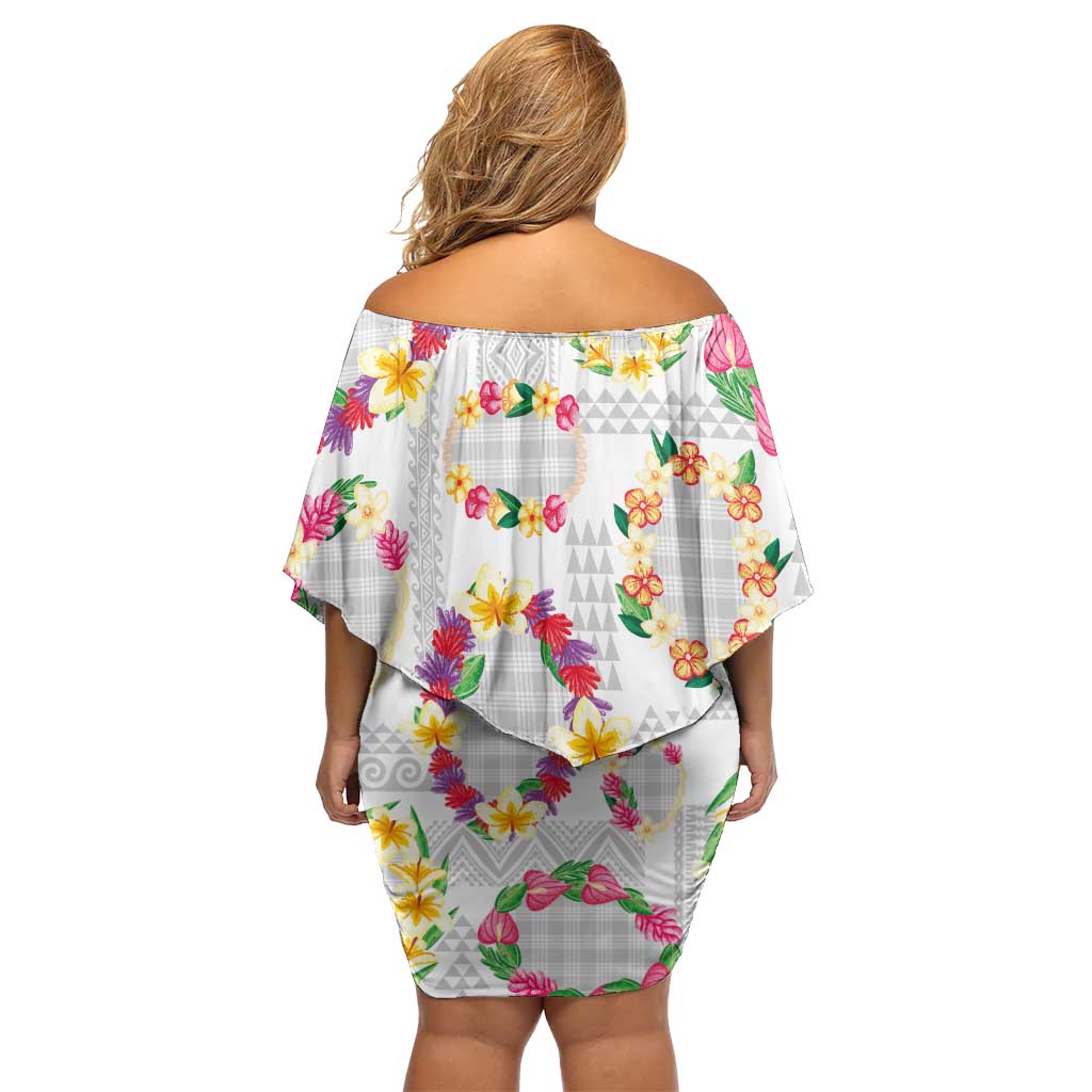 Hawaiian Kakau Tattoo Leis and Palaka Pattern Family Matching Off Shoulder Short Dress and Hawaiian Shirt Traditional Aloha Tribal White Color