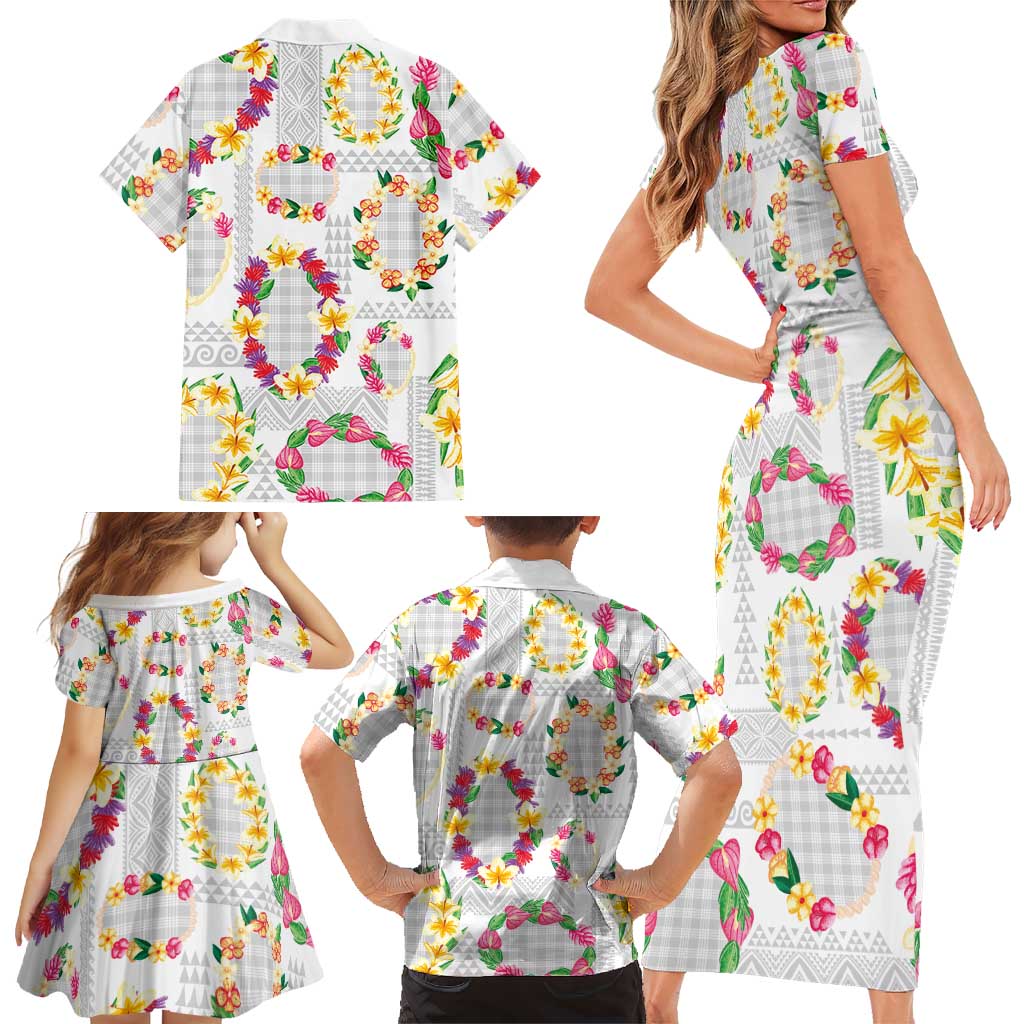 Hawaiian Kakau Tattoo Leis and Palaka Pattern Family Matching Short Sleeve Bodycon Dress and Hawaiian Shirt Traditional Aloha Tribal White Color