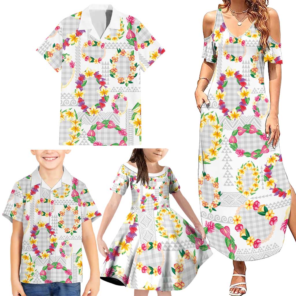 Hawaiian Kakau Tattoo Leis and Palaka Pattern Family Matching Summer Maxi Dress and Hawaiian Shirt Traditional Aloha Tribal White Color