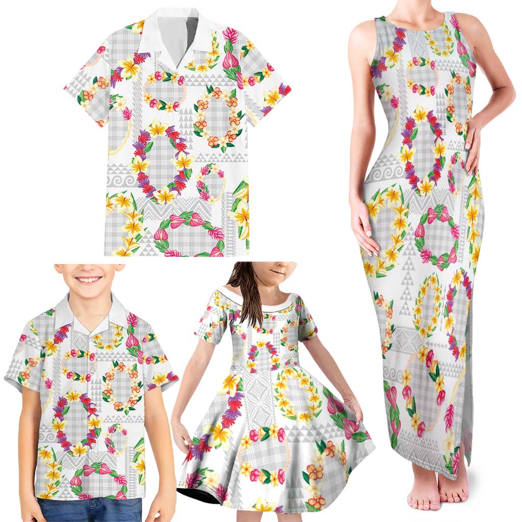 Hawaiian Kakau Tattoo Leis and Palaka Pattern Family Matching Tank Maxi Dress and Hawaiian Shirt Traditional Aloha Tribal White Color