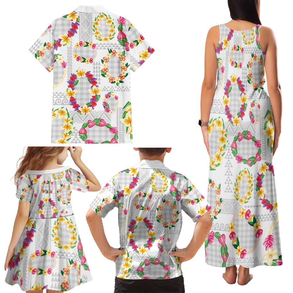 Hawaiian Kakau Tattoo Leis and Palaka Pattern Family Matching Tank Maxi Dress and Hawaiian Shirt Traditional Aloha Tribal White Color