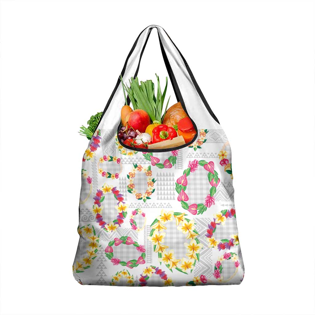 Hawaiian Kakau Tattoo Leis and Palaka Pattern Grocery Bag Traditional Aloha Tribal White Color