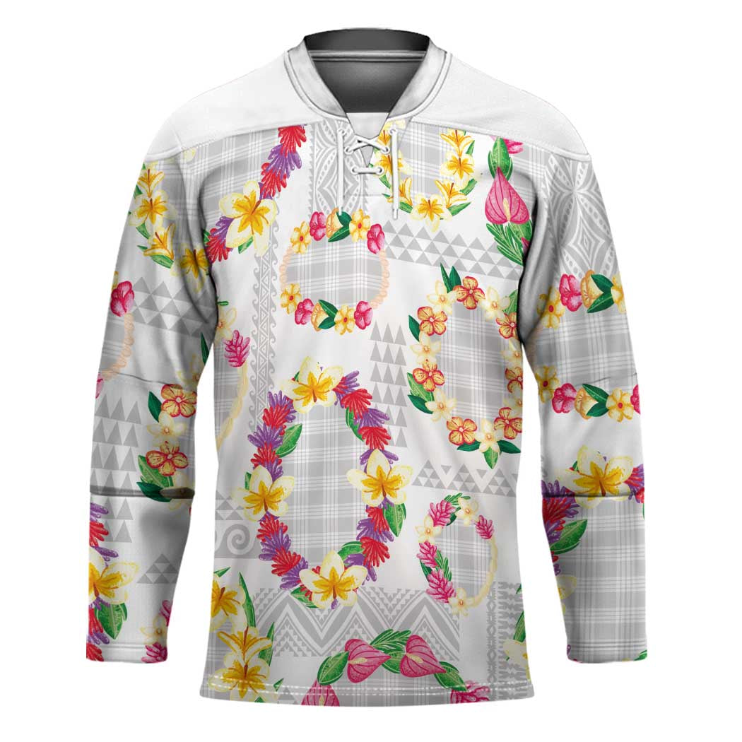 Hawaiian Kakau Tattoo Leis and Palaka Pattern Hockey Jersey Traditional Aloha Tribal White Color