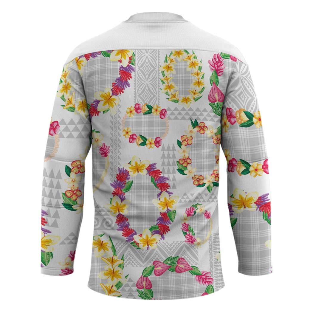 Hawaiian Kakau Tattoo Leis and Palaka Pattern Hockey Jersey Traditional Aloha Tribal White Color