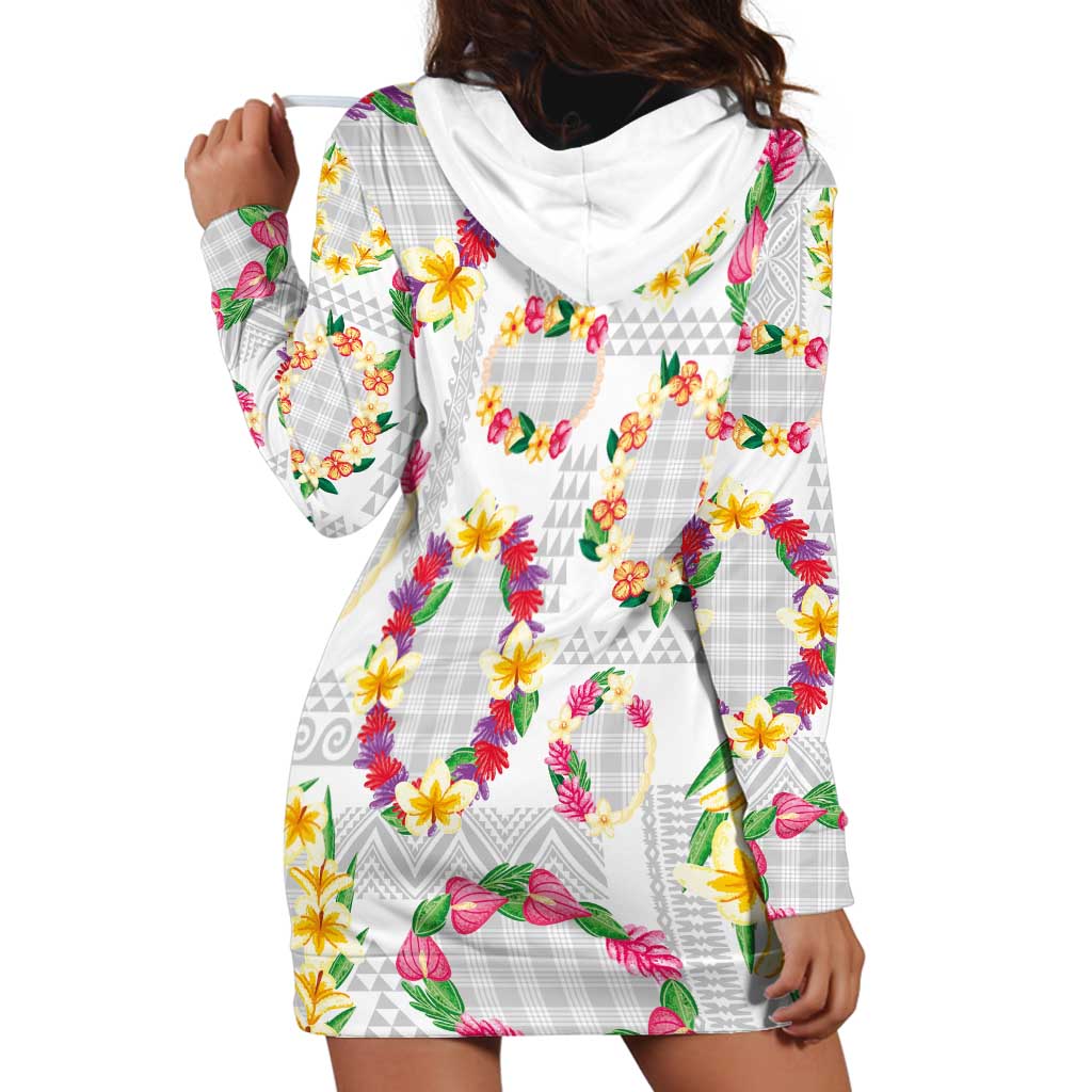 Hawaiian Kakau Tattoo Leis and Palaka Pattern Hoodie Dress Traditional Aloha Tribal White Color