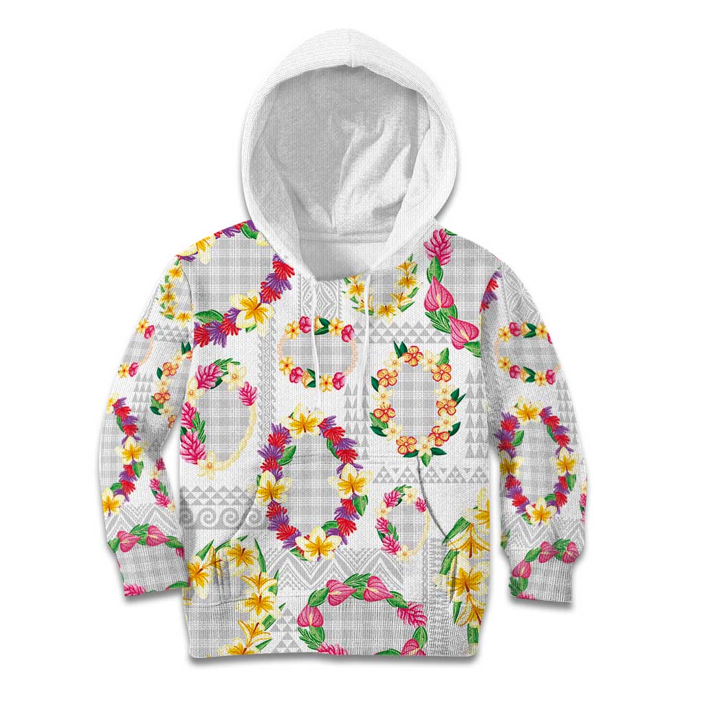 Hawaiian Kakau Tattoo Leis and Palaka Pattern Kid Hoodie Traditional Aloha Tribal White Color LT03 Hoodie White - Polynesian Pride