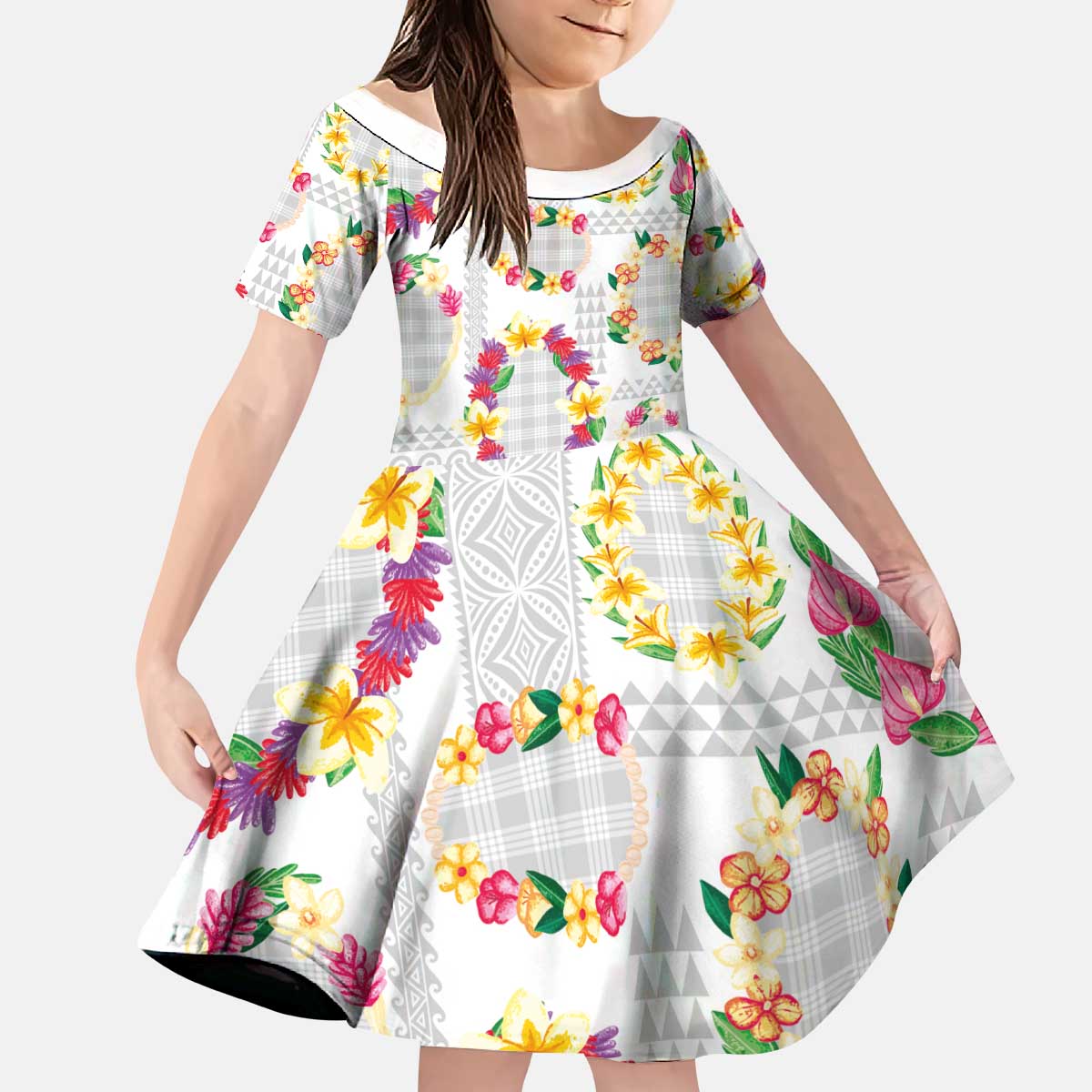 Hawaiian Kakau Tattoo Leis and Palaka Pattern Kid Short Sleeve Dress Traditional Aloha Tribal White Color LT03 KID White - Polynesian Pride