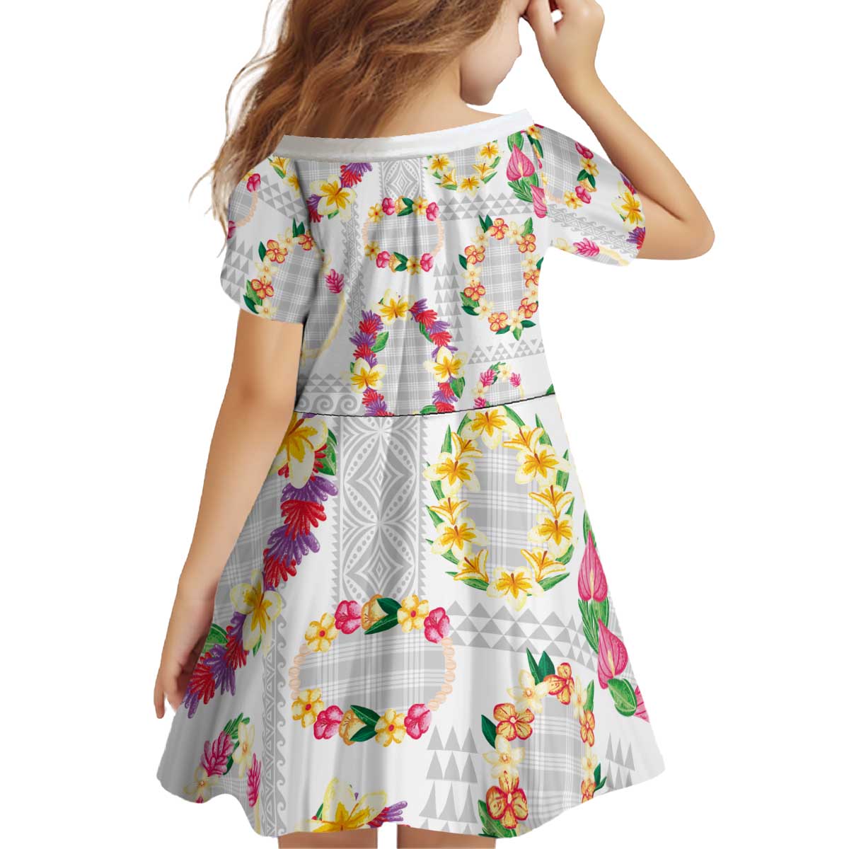 Hawaiian Kakau Tattoo Leis and Palaka Pattern Kid Short Sleeve Dress Traditional Aloha Tribal White Color LT03 - Polynesian Pride