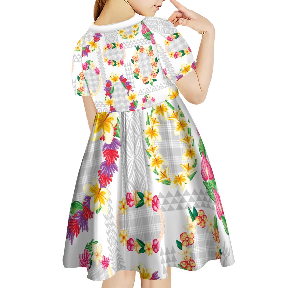 Hawaiian Kakau Tattoo Leis and Palaka Pattern Kid Short Sleeve Dress Traditional Aloha Tribal White Color LT03 - Polynesian Pride