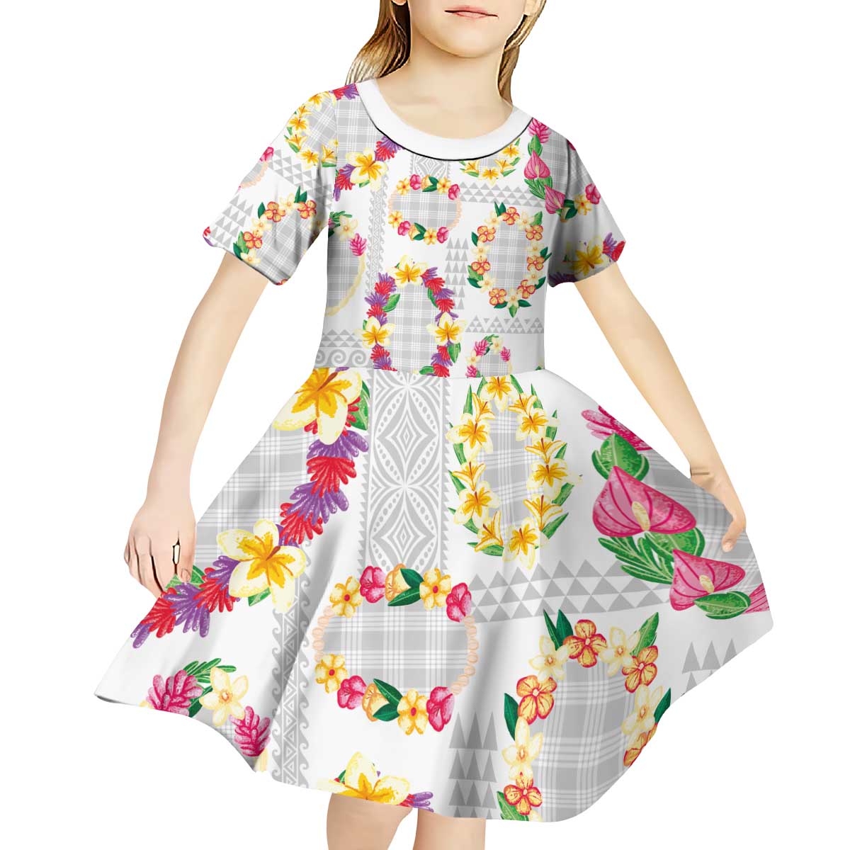 Hawaiian Kakau Tattoo Leis and Palaka Pattern Kid Short Sleeve Dress Traditional Aloha Tribal White Color LT03 - Polynesian Pride