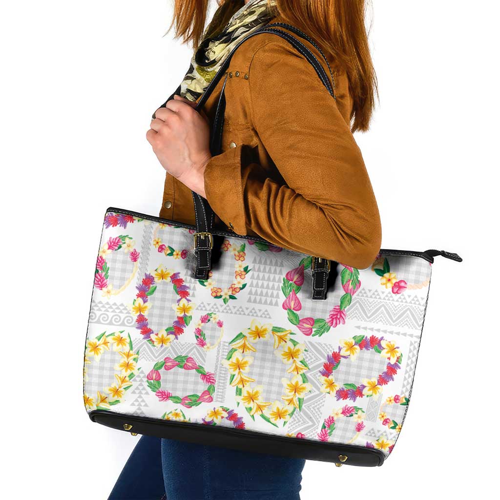Hawaiian Kakau Tattoo Leis and Palaka Pattern Leather Tote Bag Traditional Aloha Tribal White Color