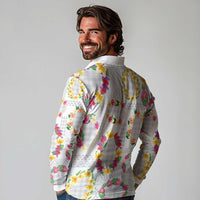 Hawaiian Kakau Tattoo Leis and Palaka Pattern Long Sleeve Polo Shirt Traditional Aloha Tribal White Color