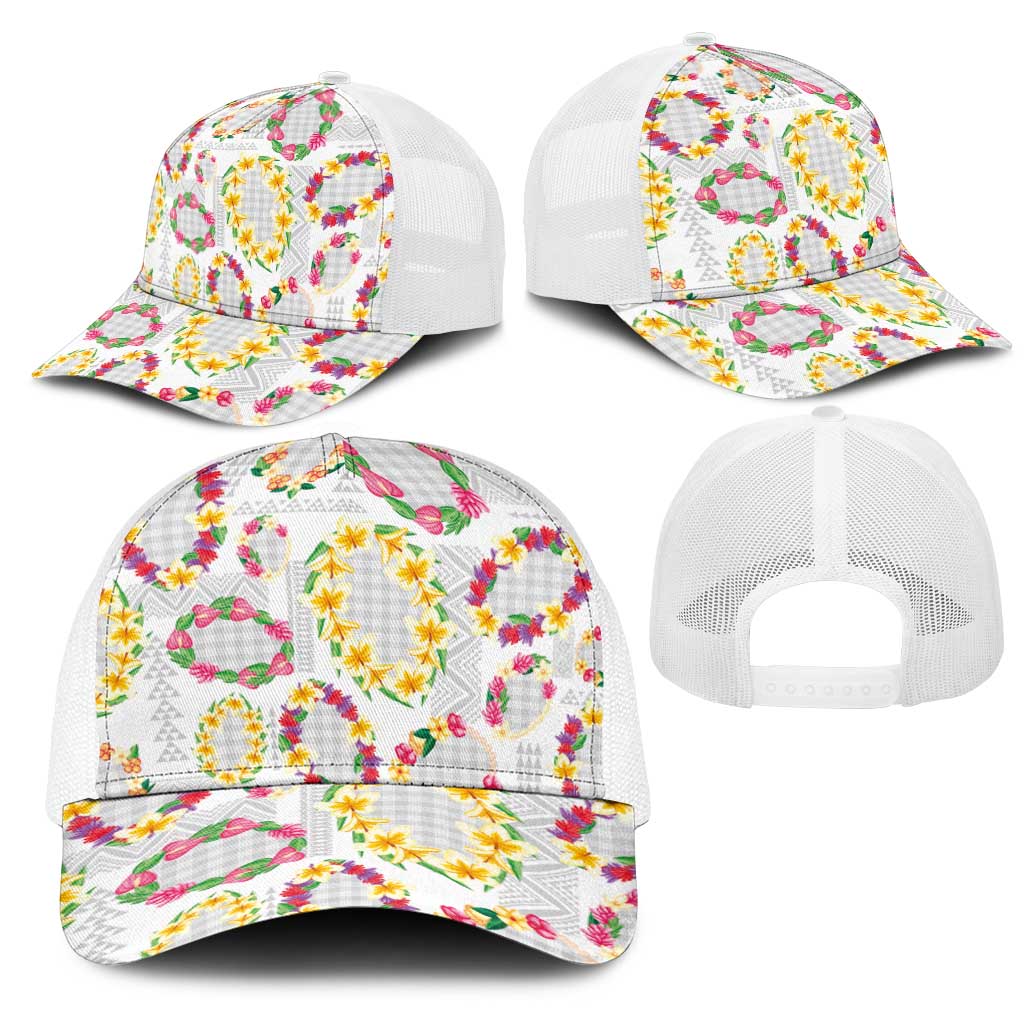 Hawaiian Kakau Tattoo Leis and Palaka Pattern Mesh Trucker Cap Traditional Aloha Tribal White Color