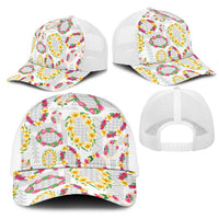 Hawaiian Kakau Tattoo Leis and Palaka Pattern Mesh Trucker Cap Traditional Aloha Tribal White Color