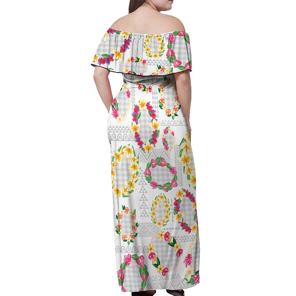 Hawaiian Kakau Tattoo Leis and Palaka Pattern Off Shoulder Maxi Dress Traditional Aloha Tribal White Color