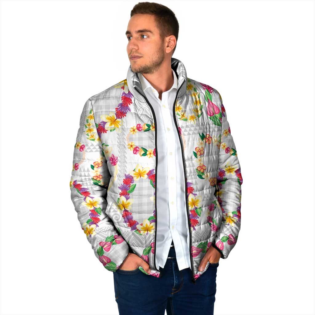 Hawaiian Kakau Tattoo Leis and Palaka Pattern Padded Jacket Traditional Aloha Tribal White Color
