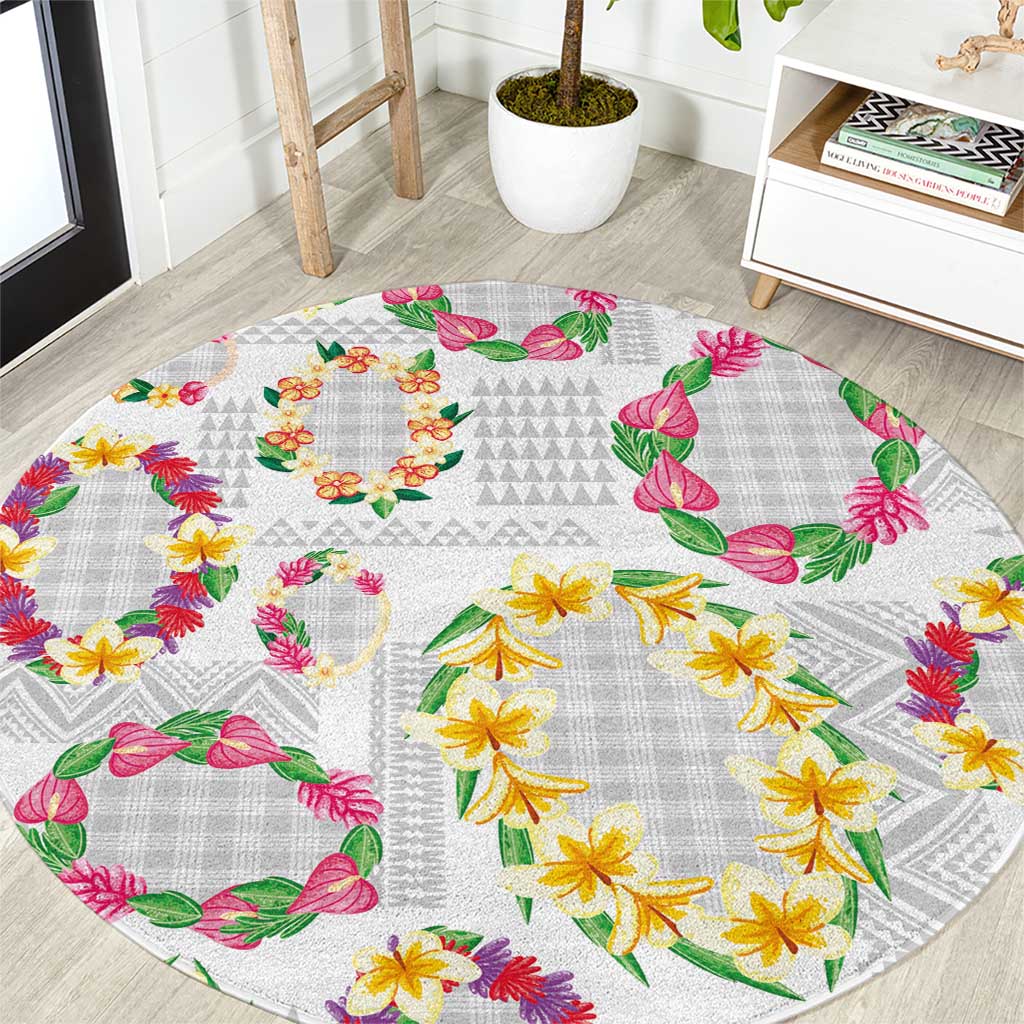 Hawaiian Kakau Tattoo Leis and Palaka Pattern Round Carpet Traditional Aloha Tribal White Color