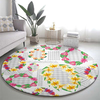 Hawaiian Kakau Tattoo Leis and Palaka Pattern Round Carpet Traditional Aloha Tribal White Color
