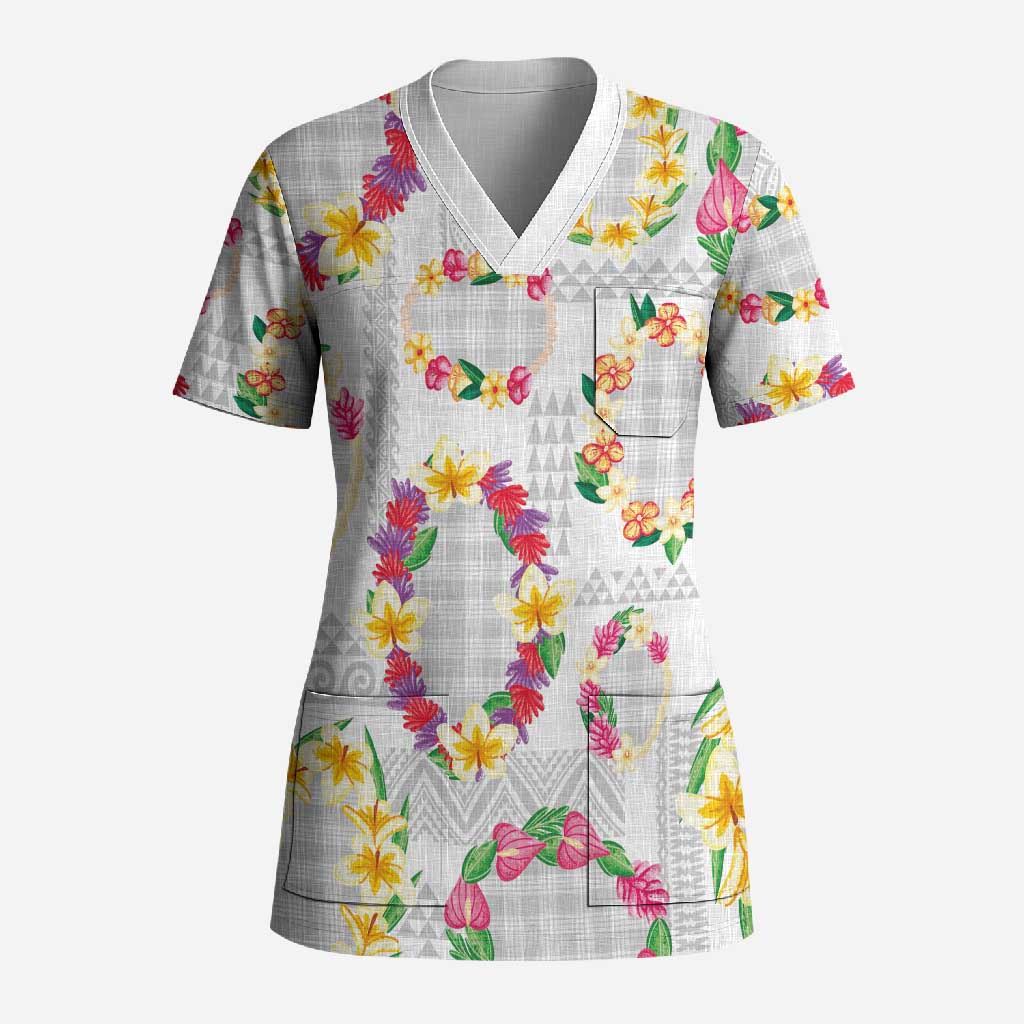 Hawaiian Kakau Tattoo Leis and Palaka Pattern Scrub Top Traditional Aloha Tribal White Color