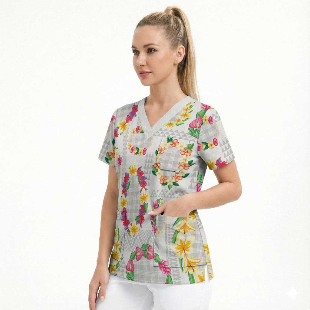 Hawaiian Kakau Tattoo Leis and Palaka Pattern Scrub Top Traditional Aloha Tribal White Color