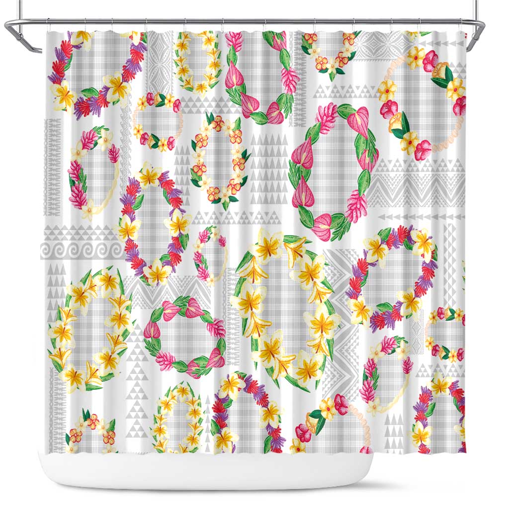Hawaiian Kakau Tattoo Leis and Palaka Pattern Shower Curtain Traditional Aloha Tribal White Color
