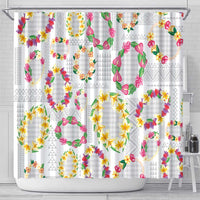 Hawaiian Kakau Tattoo Leis and Palaka Pattern Shower Curtain Traditional Aloha Tribal White Color