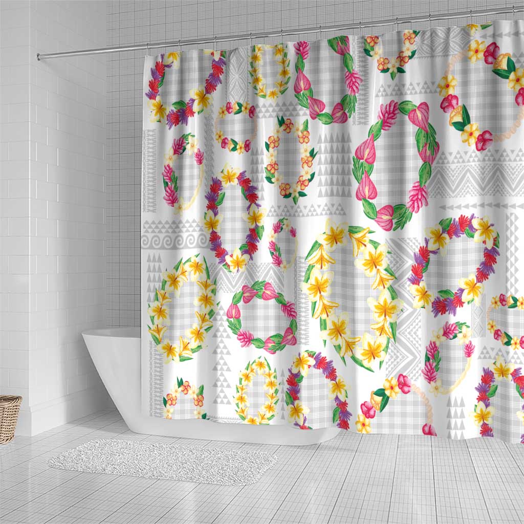 Hawaiian Kakau Tattoo Leis and Palaka Pattern Shower Curtain Traditional Aloha Tribal White Color