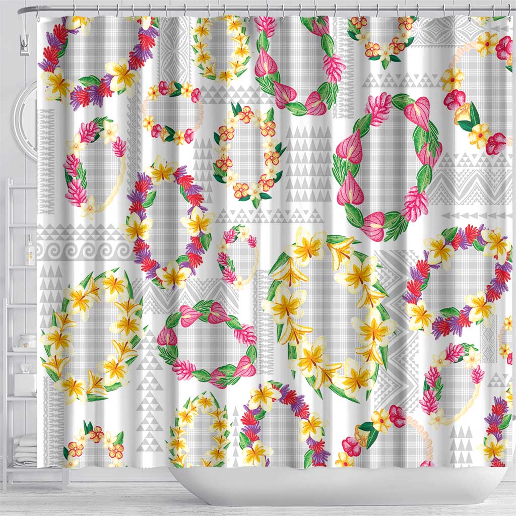 Hawaiian Kakau Tattoo Leis and Palaka Pattern Shower Curtain Traditional Aloha Tribal White Color