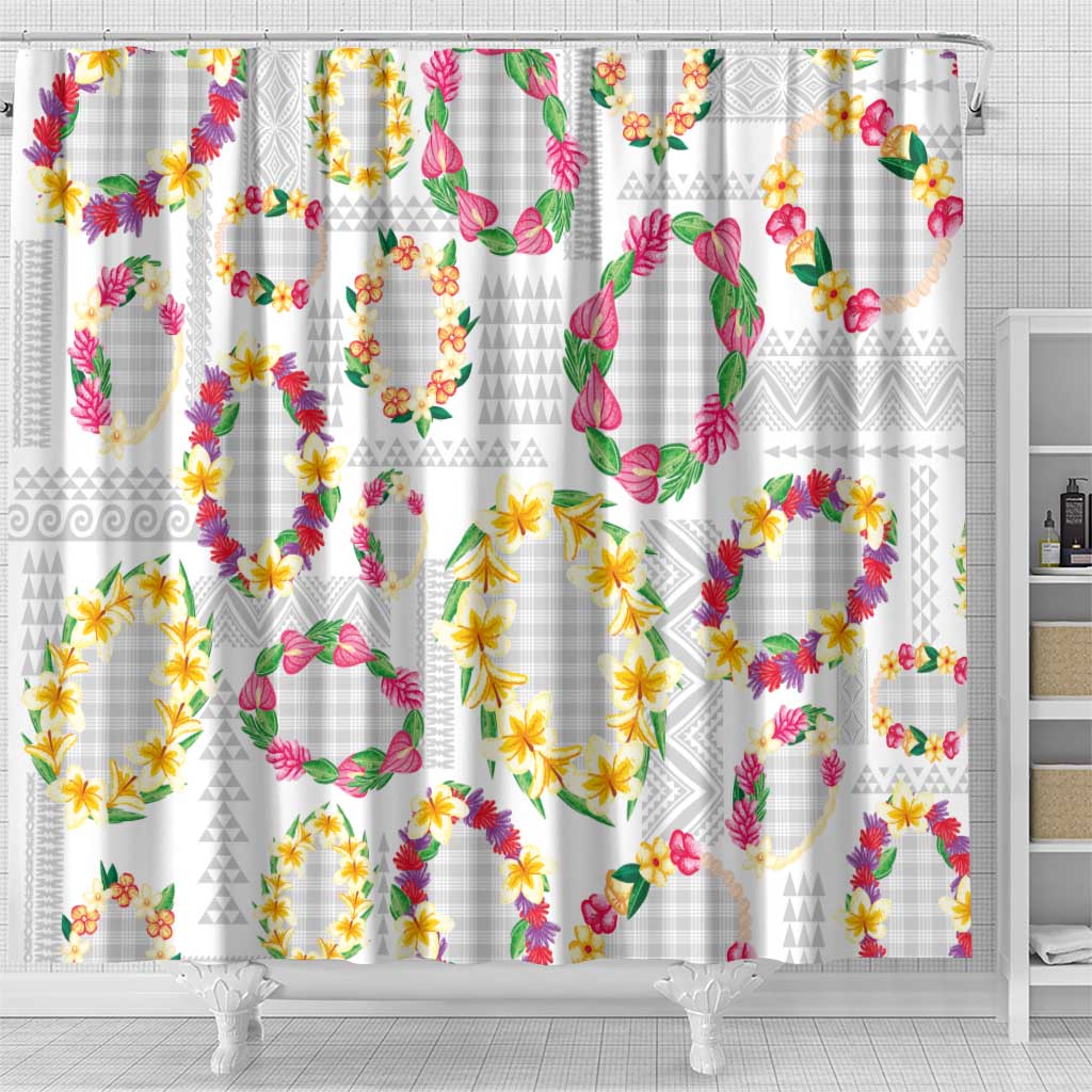 Hawaiian Kakau Tattoo Leis and Palaka Pattern Shower Curtain Traditional Aloha Tribal White Color