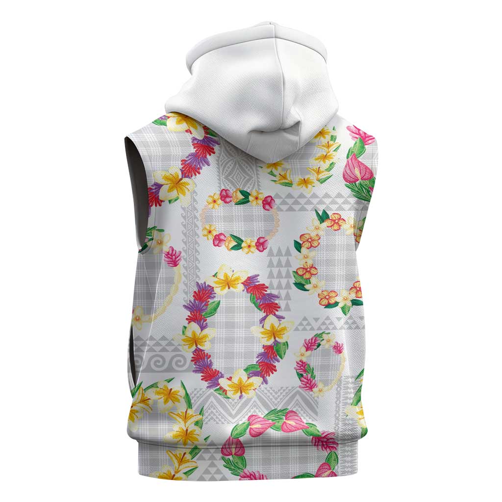 Hawaiian Kakau Tattoo Leis and Palaka Pattern Sleeveless Hoodie Traditional Aloha Tribal White Color