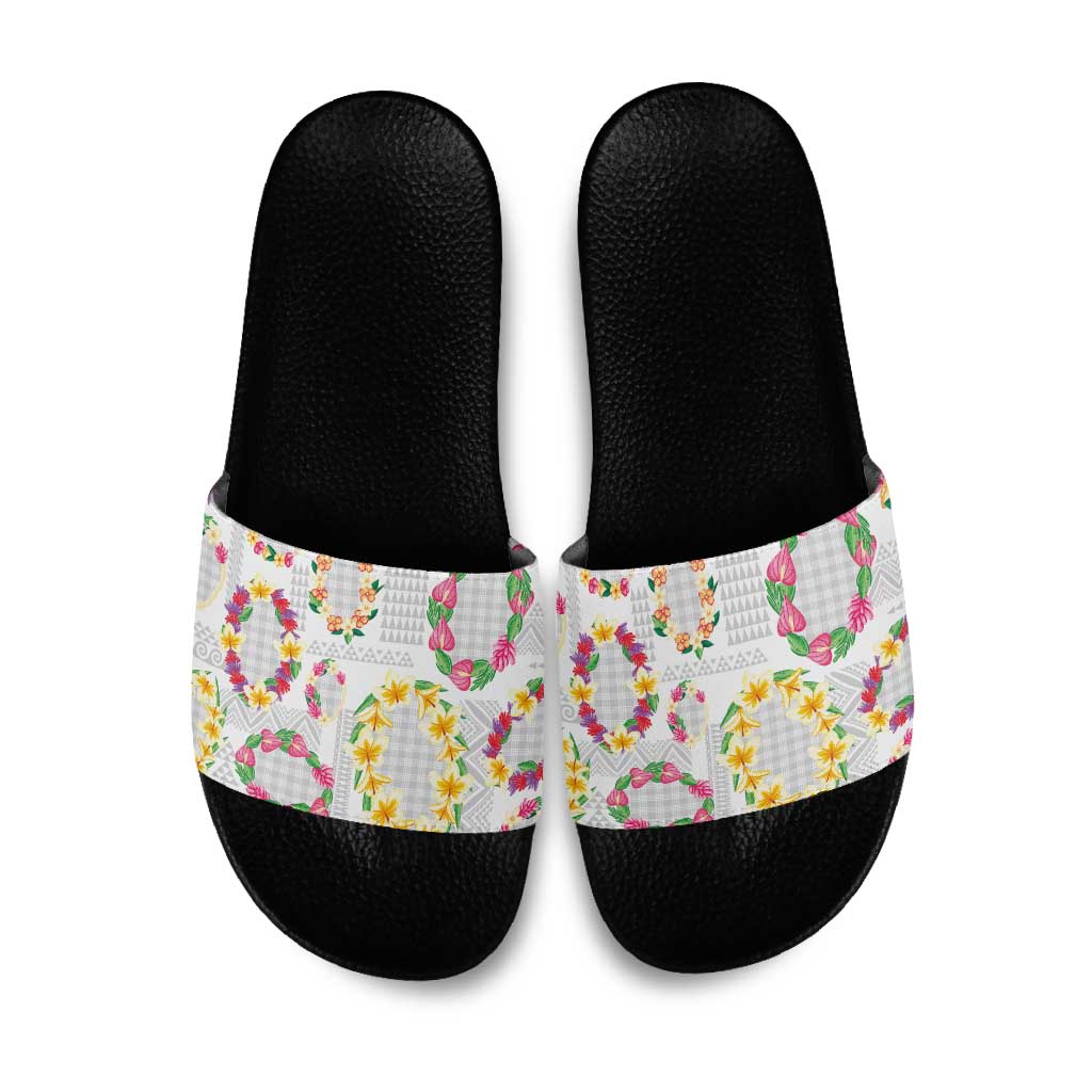 Hawaiian Kakau Tattoo Leis and Palaka Pattern Slide Sandals Traditional Aloha Tribal White Color