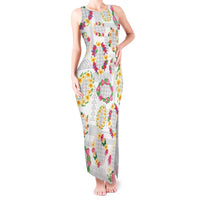Hawaiian Kakau Tattoo Leis and Palaka Pattern Tank Maxi Dress Traditional Aloha Tribal White Color