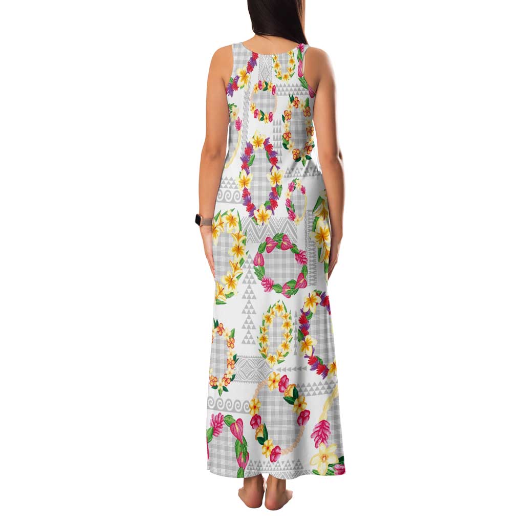 Hawaiian Kakau Tattoo Leis and Palaka Pattern Tank Maxi Dress Traditional Aloha Tribal White Color