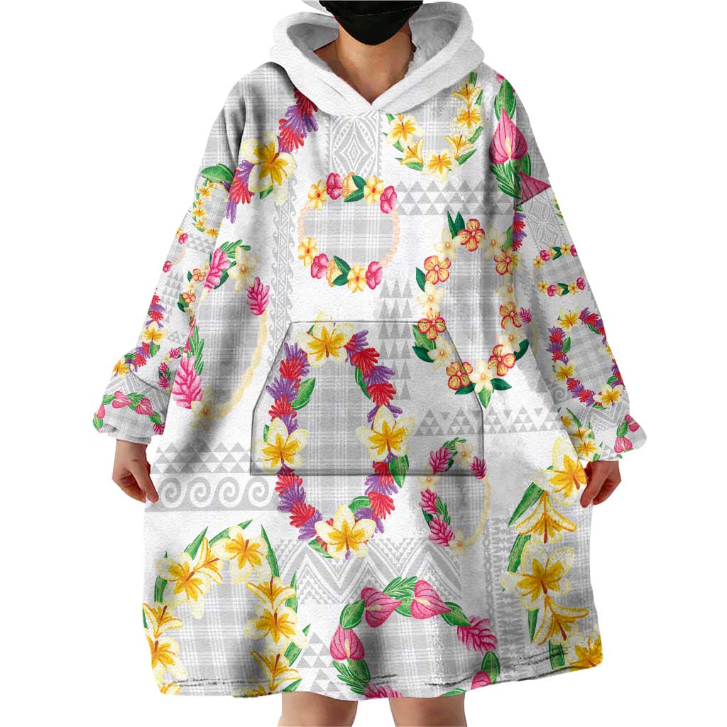Hawaiian Kakau Tattoo Leis and Palaka Pattern Wearable Blanket Hoodie Traditional Aloha Tribal White Color