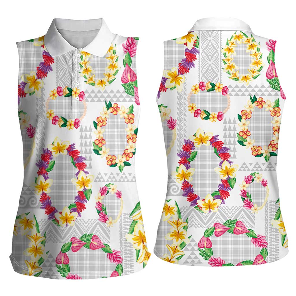 Hawaiian Kakau Tattoo Leis and Palaka Pattern Women Sleeveless Polo Shirt Traditional Aloha Tribal White Color