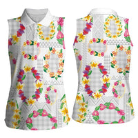 Hawaiian Kakau Tattoo Leis and Palaka Pattern Women Sleeveless Polo Shirt Traditional Aloha Tribal White Color