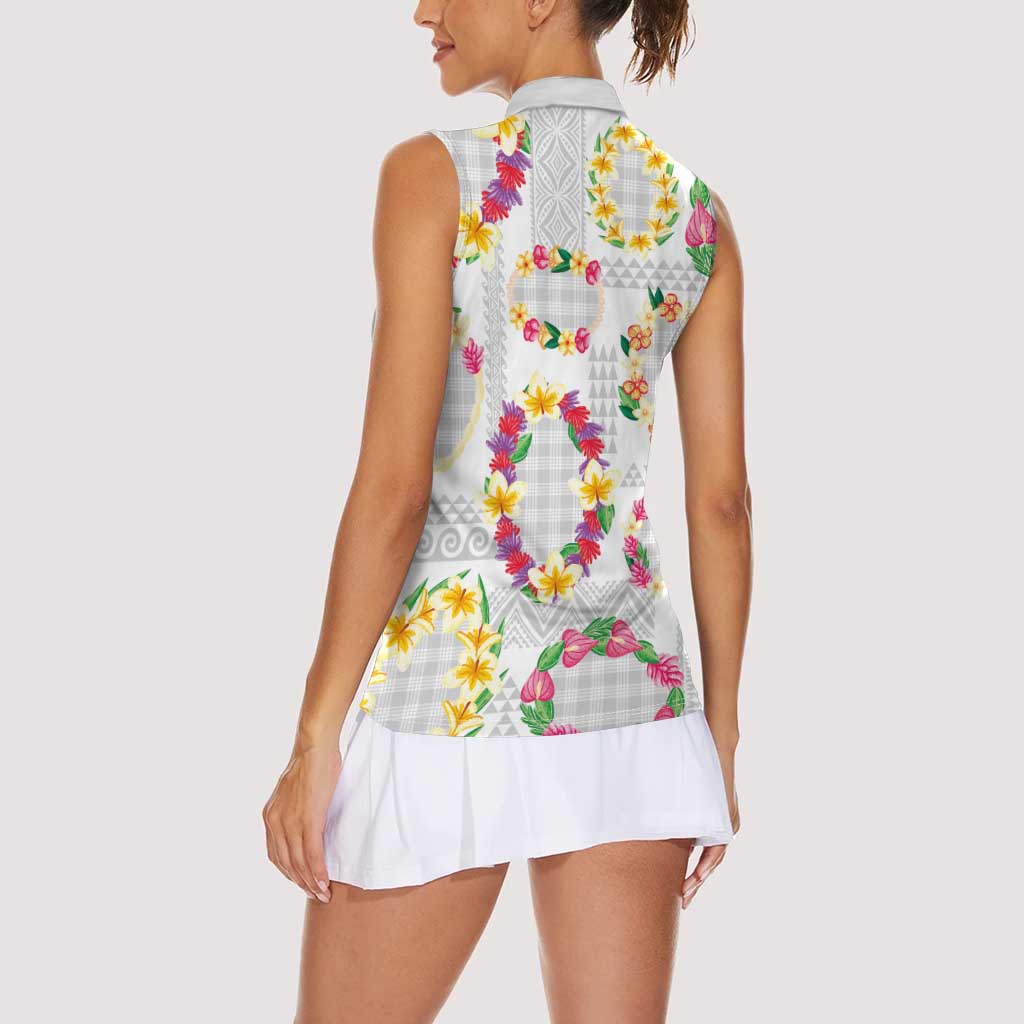 Hawaiian Kakau Tattoo Leis and Palaka Pattern Women Sleeveless Polo Shirt Traditional Aloha Tribal White Color