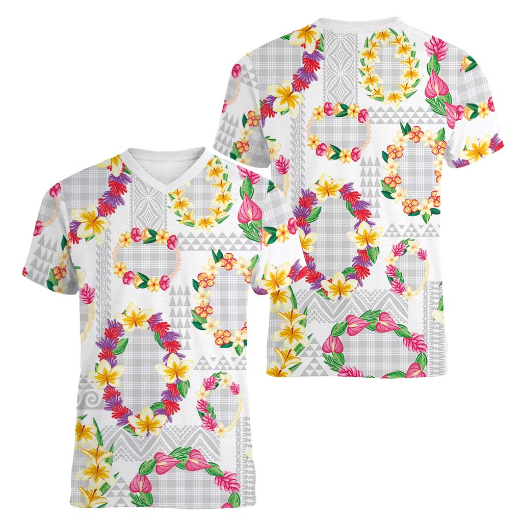Hawaiian Kakau Tattoo Leis and Palaka Pattern Women V-Neck T-Shirt Traditional Aloha Tribal White Color