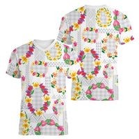 Hawaiian Kakau Tattoo Leis and Palaka Pattern Women V-Neck T-Shirt Traditional Aloha Tribal White Color