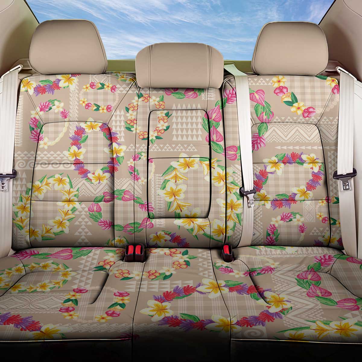 Hawaiian Kakau Tattoo Leis and Palaka Pattern Back Car Seat Cover Traditional Aloha Tribal Beige Color LT03 One Size Beige - Polynesian Pride