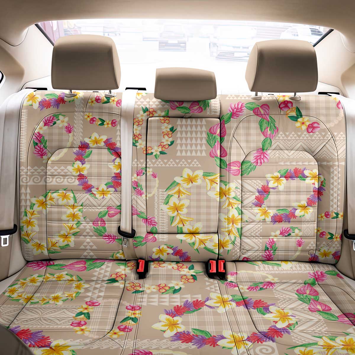 Hawaiian Kakau Tattoo Leis and Palaka Pattern Back Car Seat Cover Traditional Aloha Tribal Beige Color LT03 - Polynesian Pride
