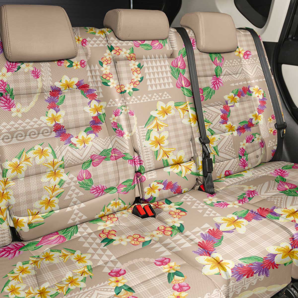 Hawaiian Kakau Tattoo Leis and Palaka Pattern Back Car Seat Cover Traditional Aloha Tribal Beige Color LT03 - Polynesian Pride