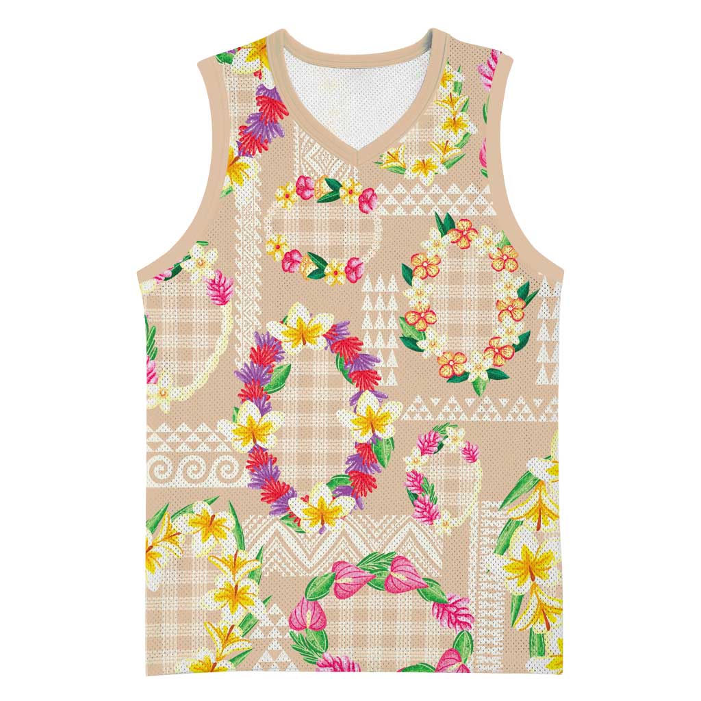 Hawaiian Kakau Tattoo Leis and Palaka Pattern Basketball Jersey Traditional Aloha Tribal Beige Color