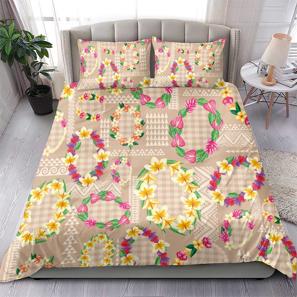 Hawaiian Kakau Tattoo Leis and Palaka Pattern Bedding Set Traditional Aloha Tribal Beige Color