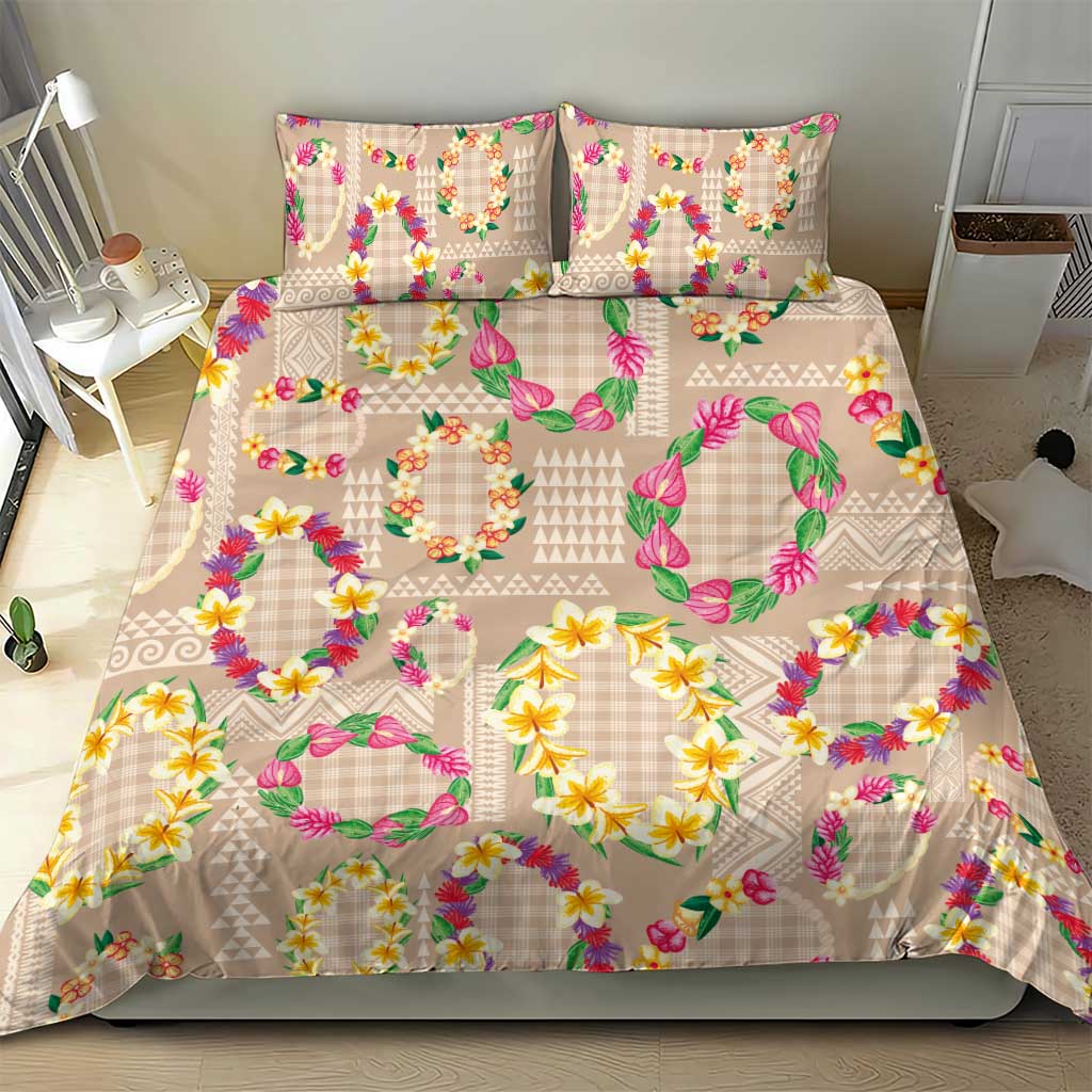 Hawaiian Kakau Tattoo Leis and Palaka Pattern Bedding Set Traditional Aloha Tribal Beige Color